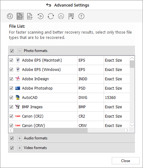 Stellar Photo Recovery Advance Settings to Choose Nikon file Types